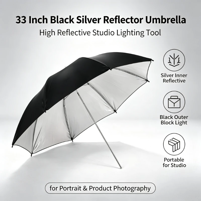Photography Umbrella - ร่มสะท้อนแสงสีดำทนทานขนาด 33 นิ้ว ปี 2026 ร่มถ่ายภาพสีดำเงิน