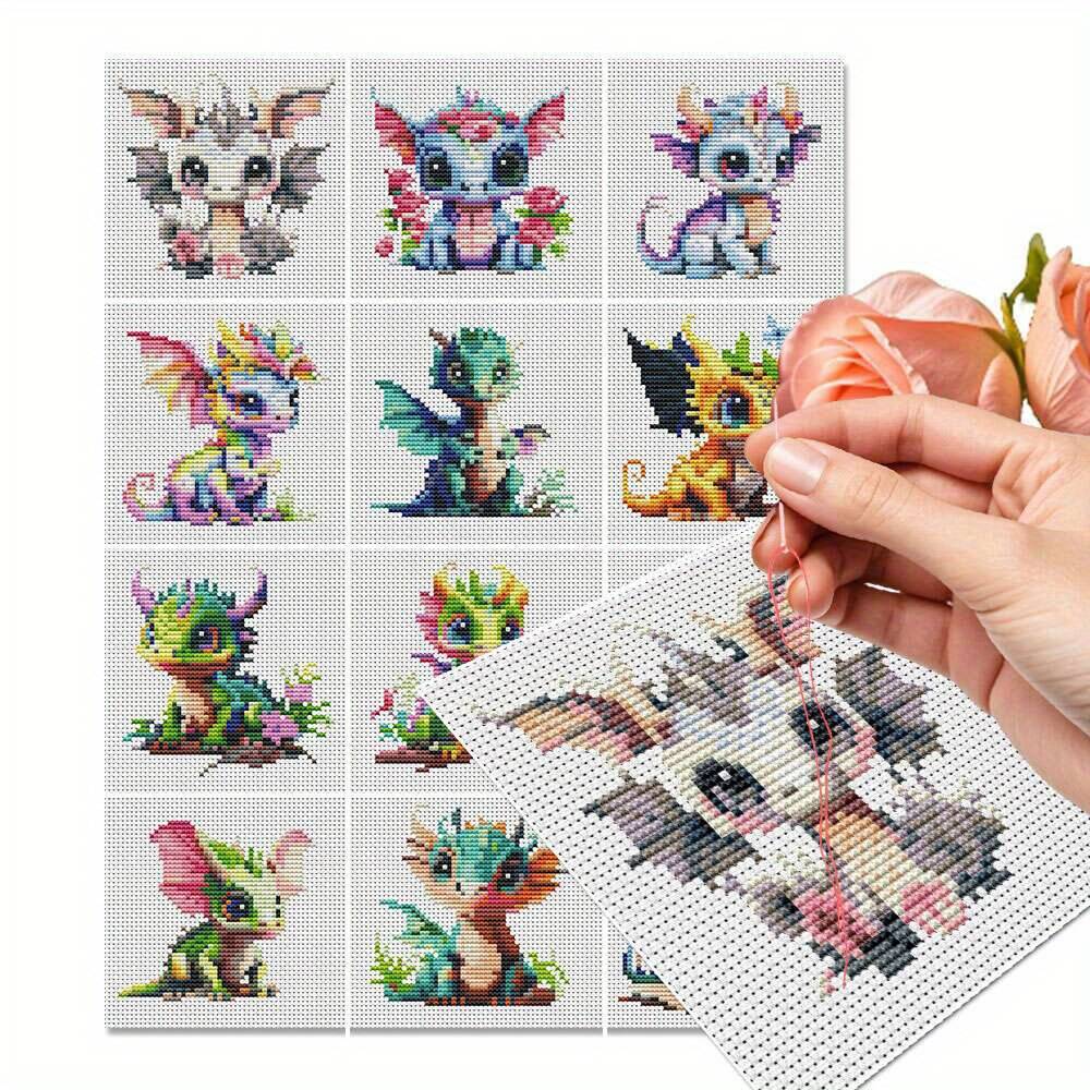 Photography Geometry - ชุดปักครอสติชลายมังกร 12 ชิ้น ผ้าพิมพ์ลาย 11CT ชุดงานฝีมือปักลายสัตว์