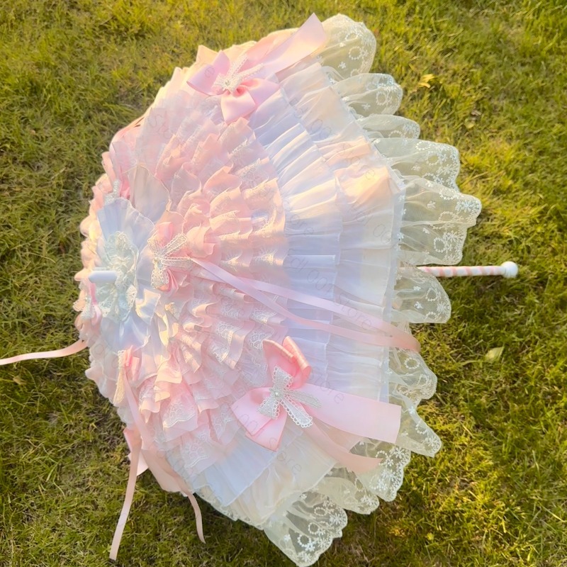 Photography Umbrella - ร่มผีเสื้อสีชมพูขาว ลูกไม้ทำมือ พร็อพถ่ายภาพ สำหรับงานเลี้ยงน้ำชา คอสเพลย์ ถ่ายภาพ