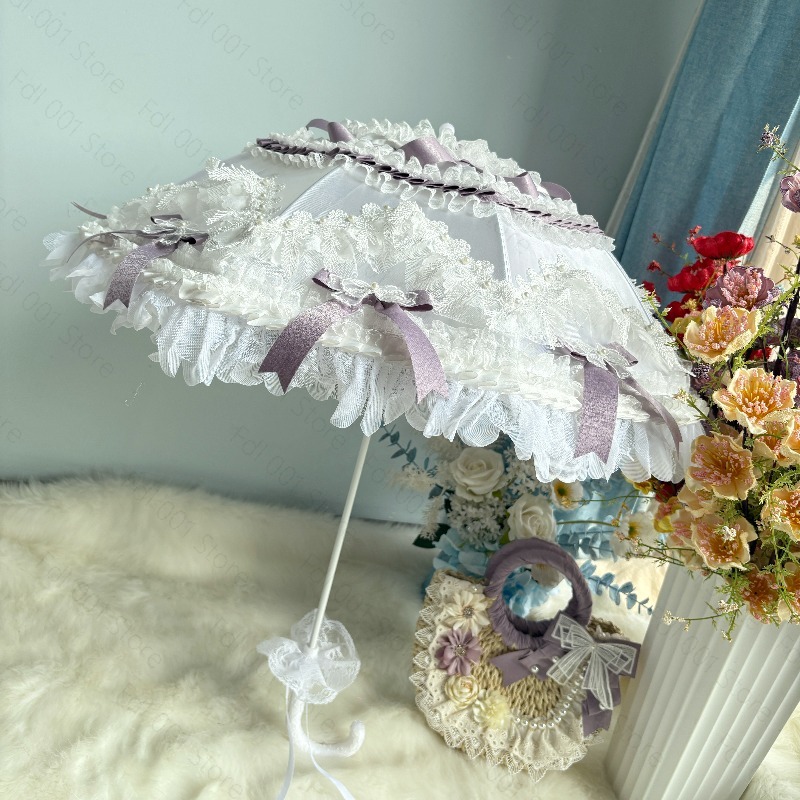 Photography Umbrella - ร่มลูกไม้สีม่วงขาวสไตล์โลลิต้า พร้อมกระเป๋าถือสาน สำหรับถ่ายภาพท่องเที่ยว