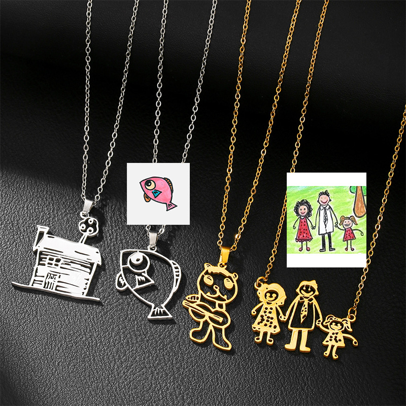Photographic Memory - สร้อยคอจี้รูปภาพวาดเด็กแบบ DIY สั่งทำโลโก้ได้ สร้อยคอสแตนเลสพร้อมภาพงานศิลปะของเด็ก เป็นของขวัญที่ระลึก